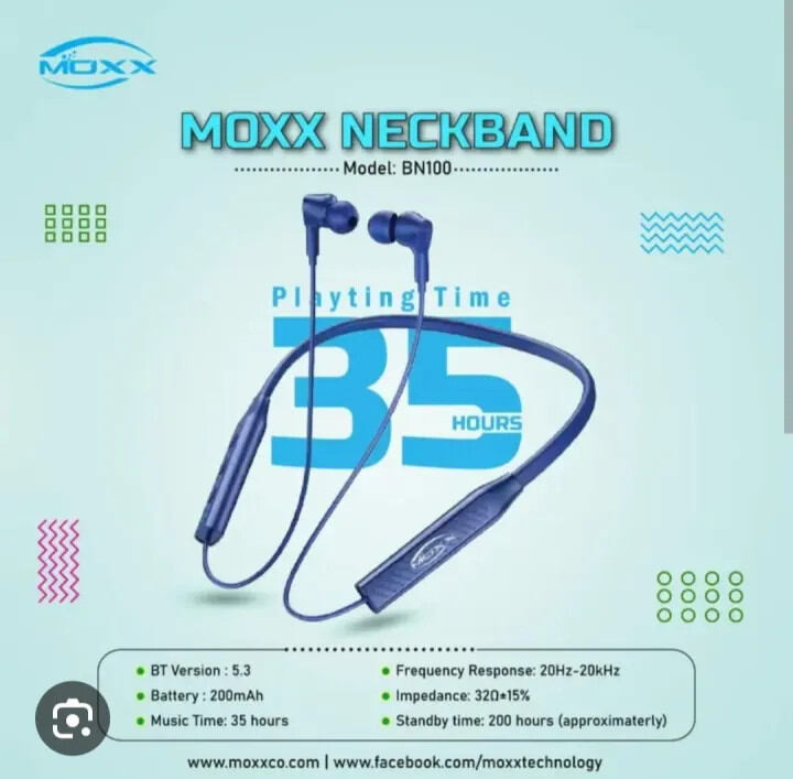 MOXX Wireless Neckband (BN‑100)পণ্যের বিবরণMOXX BN‑100 একটি উন্নত প্রযুক্তির ব্লুটুথ নেকব্যান্ড, যা অত্যাধুনিক ডিজাইন ও