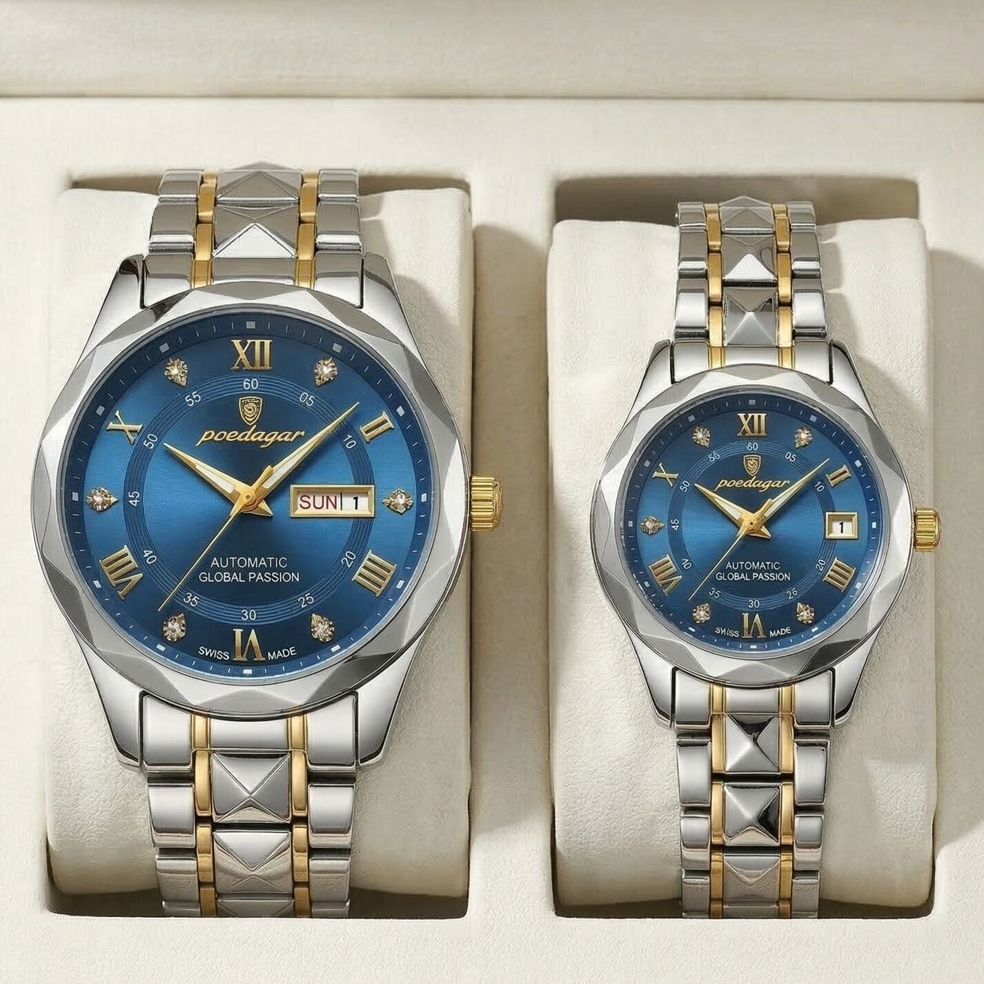 Poedagar Luxury Couple Watch একই ডিজাইন, একই ভালোবাসা! প্রধান বৈশিষ্ট্য:এটি ৩ বার বা ৩০ মিটার পর্যন্ত পানির চাপ সহ্য করত